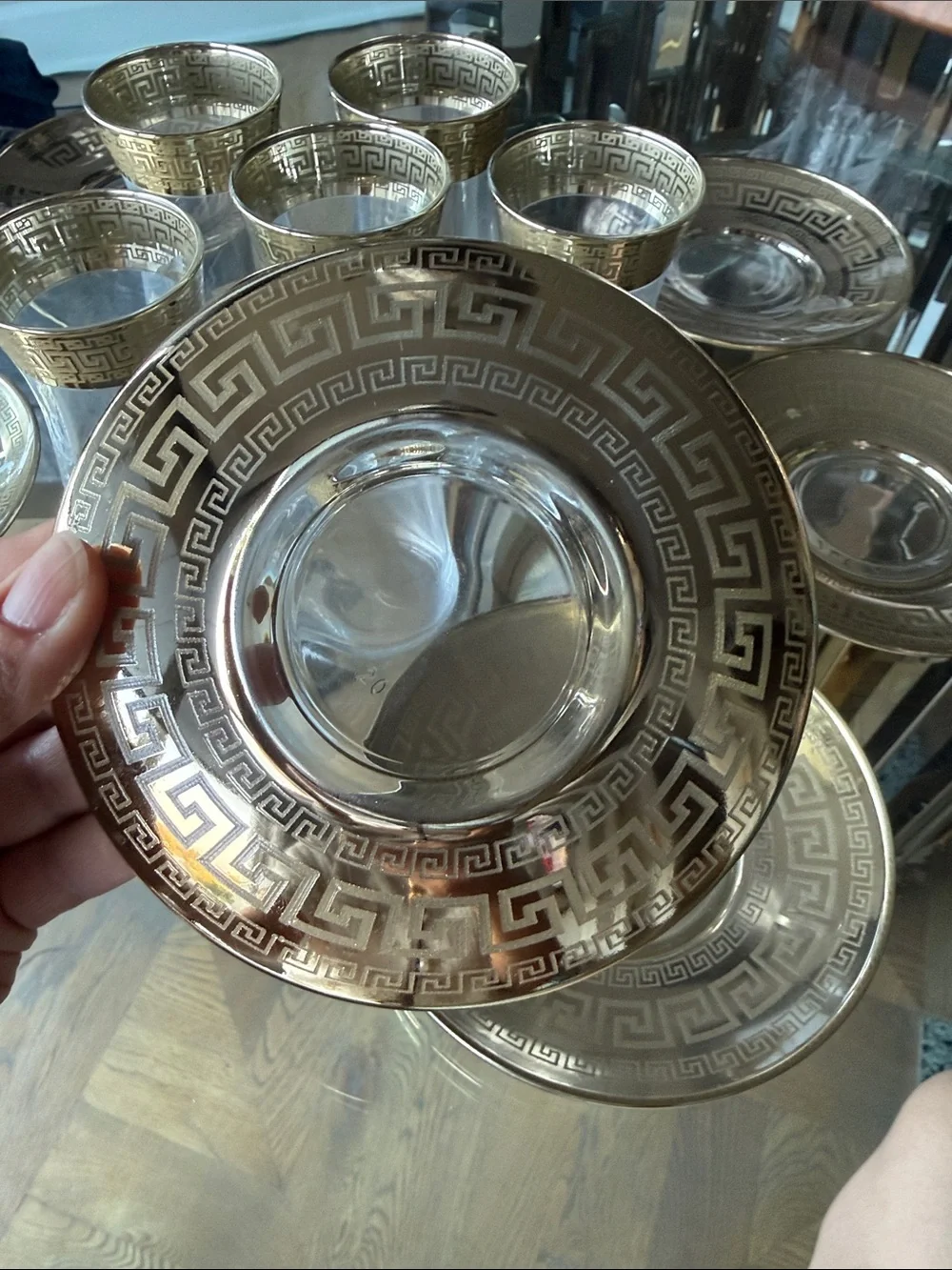 Clear Glass Tea Cup and Saucer Set with Gold Greek Key Accent